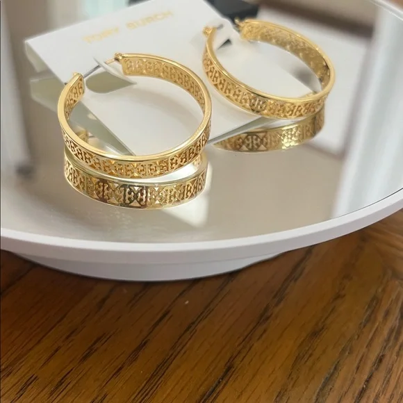 Tory Burch Logo Gold Hoop Earrings - Picture 2 of 2